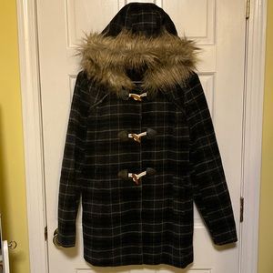 NWOT Coffeeshop black and gray plaid coat with faux fur hood